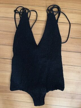 Tori Praver Swimwear Black Smocked One-Piece Swimsuit